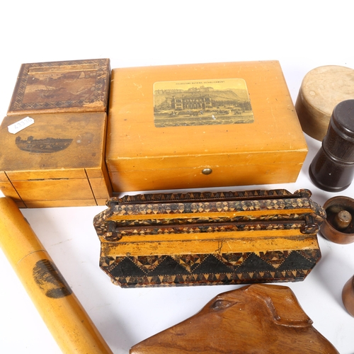 580 - Decorative boxes, including Mauchline Ware, dice shaker etc