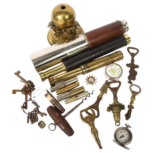 584 - 3 telescopes, including 1 by W Youle, Leadenhall Street London, corkscrews, bottle openers and compa... 