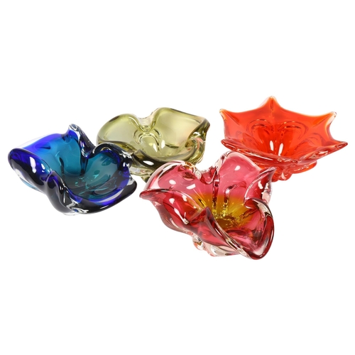 590 - A group of 4 coloured Art glass bowls, including a hexagonal orange bowl, 22cm across