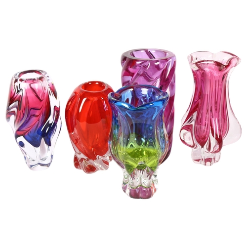 591 - A group of 5 Vintage Art glass vases, including a heavy amethyst vase with twist design, 23cm