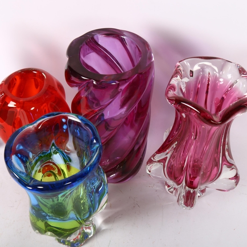 591 - A group of 5 Vintage Art glass vases, including a heavy amethyst vase with twist design, 23cm