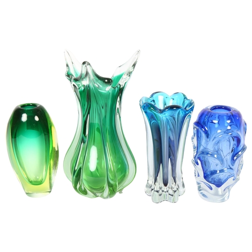 592 - A green ribbed Art glass vase, height 28cm, and 3 other smaller vases