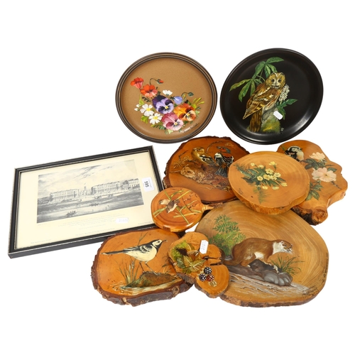 595 - A pair of plates and wooden plaques with paintings of garden birds, various artists, and a print of ... 