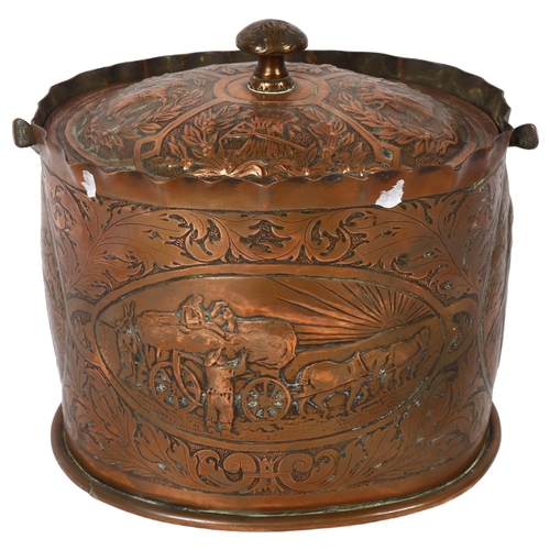 597 - Unusual embossed copper pot with ploughing and haymaking scenes and cover, height 19cm overall, with... 