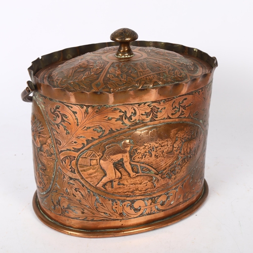 597 - Unusual embossed copper pot with ploughing and haymaking scenes and cover, height 19cm overall, with... 