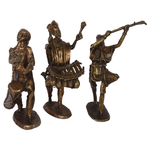 601 - A group of 3 patinated bronze African musicians, tallest 23cm overall