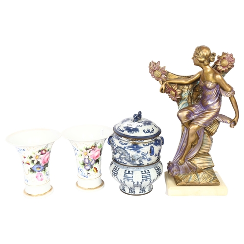 603 - A painted composition Art Deco style figure on plinth, height 42cm, a pair of painted porcelain vase... 