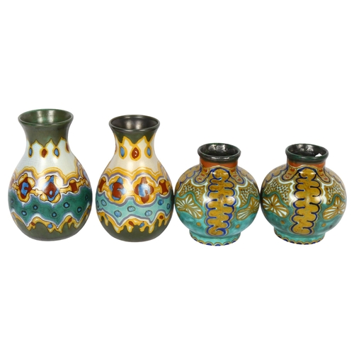 606 - A pair of Gouda vases stamped for Liberty (1 A/F), together with another pair in Costa pattern, heig... 