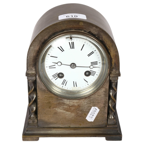 610 - A silver plate on brass cased mantle clock, marked CH. Von, with 2-train movement, height 18cm