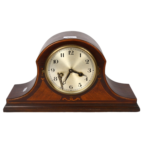 611 - Antique 2-train mantel clock in inlaid mahogany case, lacking glass, height 24cm