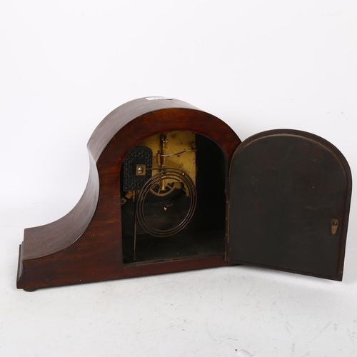 611 - Antique 2-train mantel clock in inlaid mahogany case, lacking glass, height 24cm