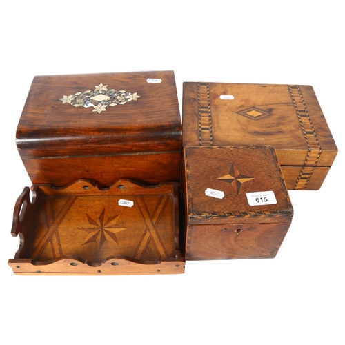 615 - A Victorian mahogany box, with inlaid mother-of-pearl abalone decoration, 25cm across, a walnut box ... 