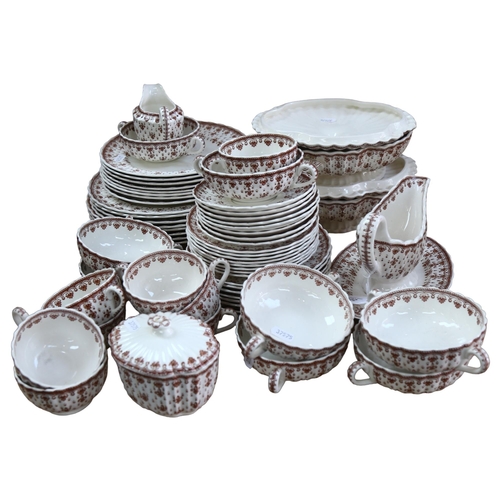 622 - Spode Fleur De Lis brown and white patterned dinner service and matching tea set for 8 people, inclu... 