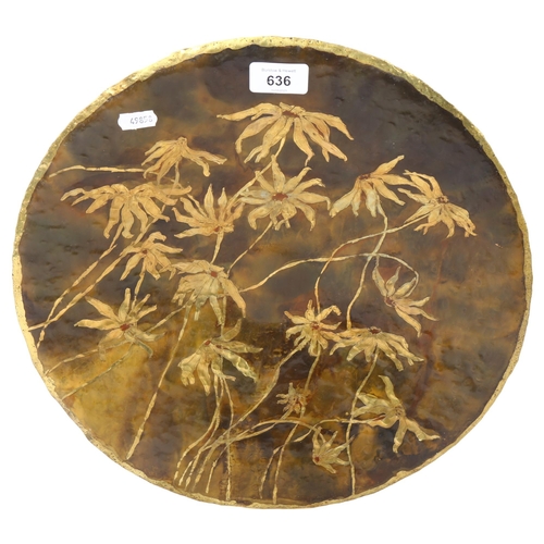 636 - Planished brass dish with floral decoration, 57cm