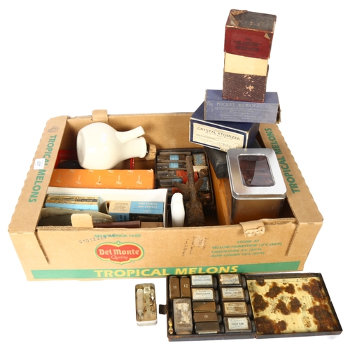 637 - A box of Vintage Chemist's and Apothecary's items, including a crystal atomiser, burettes, a cast-ir... 