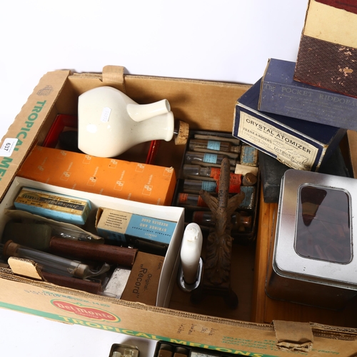 637 - A box of Vintage Chemist's and Apothecary's items, including a crystal atomiser, burettes, a cast-ir... 