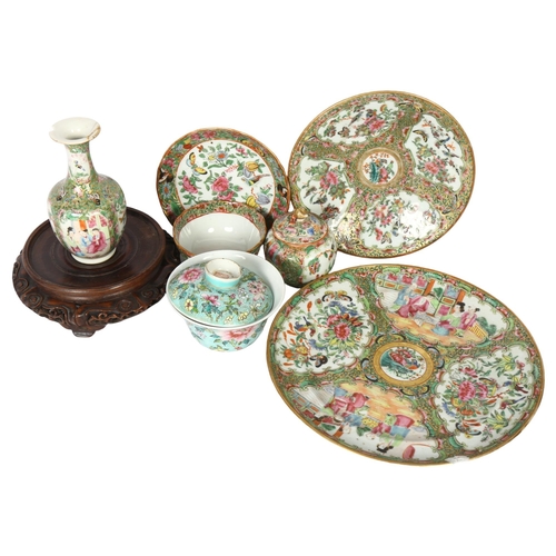 641 - Chinese Canton famille rose porcelain plates, a cup and saucer etc, and a carved and pierced vase st... 