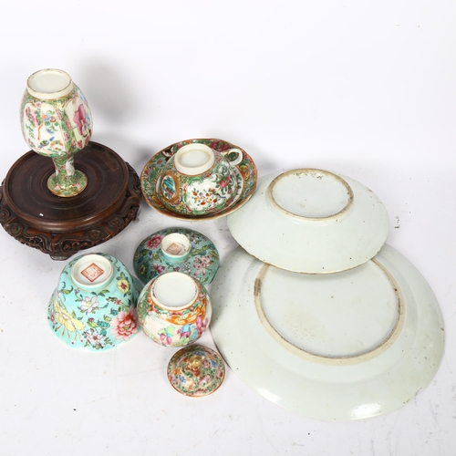 641 - Chinese Canton famille rose porcelain plates, a cup and saucer etc, and a carved and pierced vase st... 