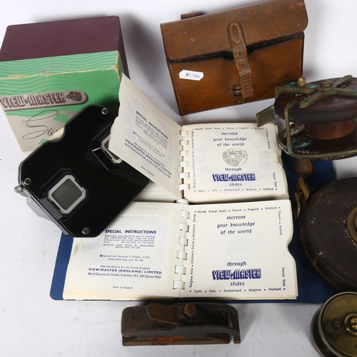 643 - 2 fishing reels, a small plane, Chesterman's tape, and a tin in leather carrying case