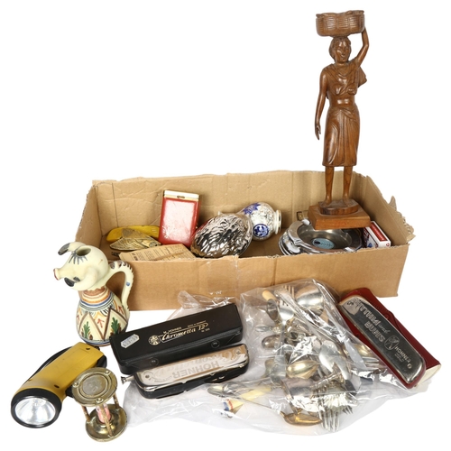 644 - A box of interesting items, including harmonicas, whistles, fly ashtray, egg timer, cutlery etc