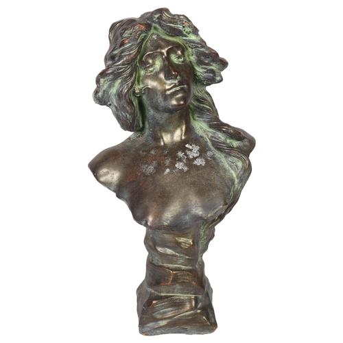 647 - A painted and patinated verdigris terracotta bust of an Art Nouveau style girl, 45cm