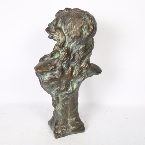 647 - A painted and patinated verdigris terracotta bust of an Art Nouveau style girl, 45cm