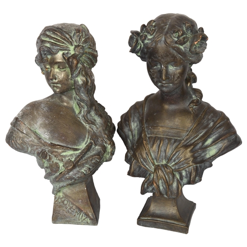 648 - 2 similar painted and verdigris patinated terracotta busts of girls, tallest 44cm