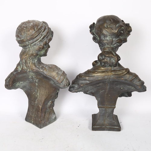 648 - 2 similar painted and verdigris patinated terracotta busts of girls, tallest 44cm