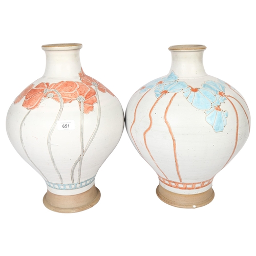 651 - MICHAEL HAWKINS - 2 large Studio pottery vases of baluster form, with sgraffito decoration, with imp... 