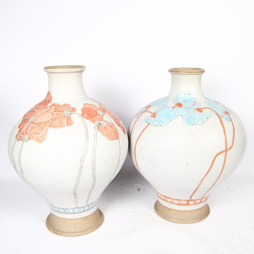 651 - MICHAEL HAWKINS - 2 large Studio pottery vases of baluster form, with sgraffito decoration, with imp... 