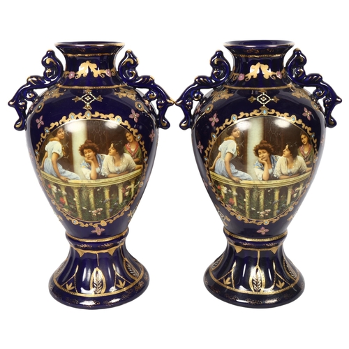 653 - A pair of Royal Limoges cobalt blue 2-handled baluster vases with portrait panels, H35cm