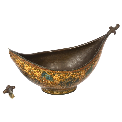 654 - An Indian Kashmir brass and papier mache Kashkul gondola bowl, with metal handles and design of parr... 