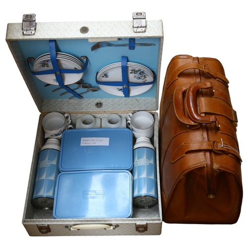 658 - Vintage Brexton picnic set, and a leather holdall