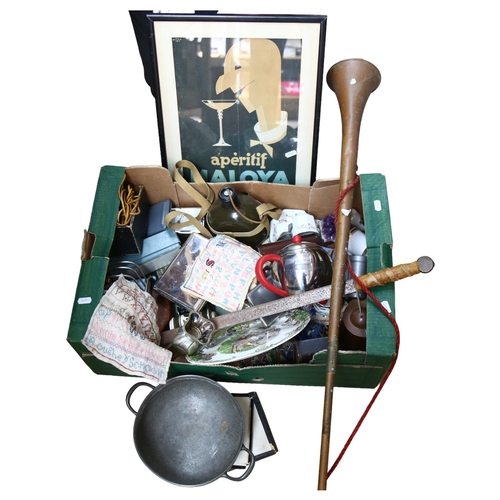 662 - Box of items, including pewter bowl, toast rack, teapot, copper horn, Vintage framed poster etc