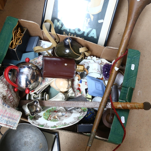 662 - Box of items, including pewter bowl, toast rack, teapot, copper horn, Vintage framed poster etc