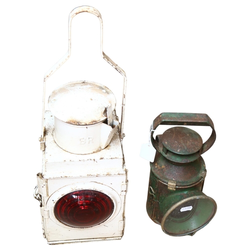 664 - Vintage British Rail lantern with red lens, height 51cm overall, and a smaller green British Rail la... 