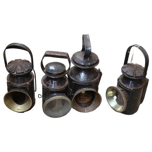 665 - 4 various early black painted metal lanterns, 2 with lenses, tallest 32cm