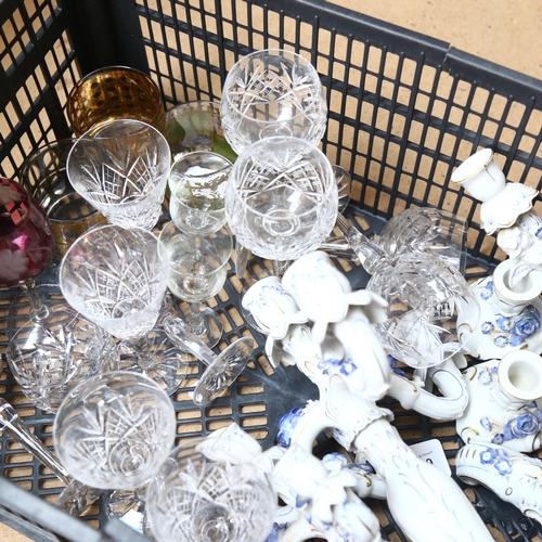 666 - Pair of Continental candelabra etc, cut-crystal Hock glasses, Sherry glasses