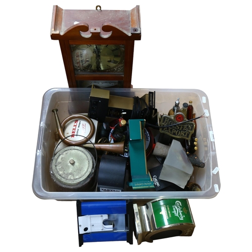 675 - A boxful of bar ornaments, miniature syphon, bottles, copper horn etc