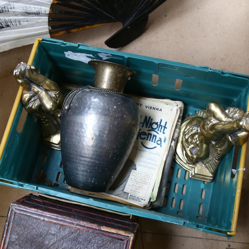 681 - A pair of gilded cherub wall brackets, metal pot, ephemera, fan and box