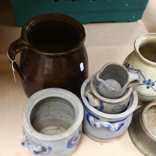 683 - Continental brown glazed jug, 25cm, Rhine Ware pots and jug, brass bowl etc