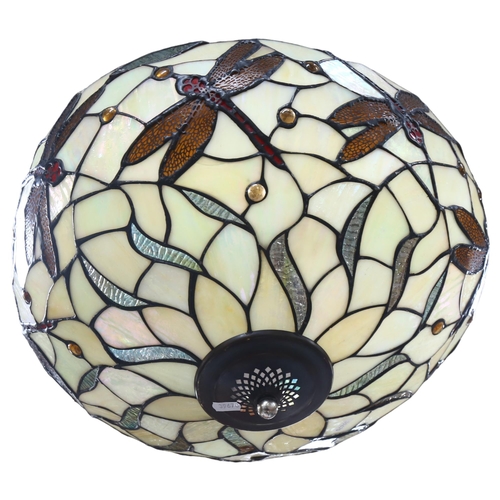 687 - A Tiffany style ceiling light bowl, with leadlight dragonfly decoration, 50cm across approx