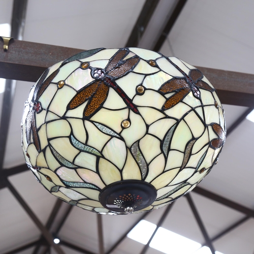 687 - A Tiffany style ceiling light bowl, with leadlight dragonfly decoration, 50cm across approx