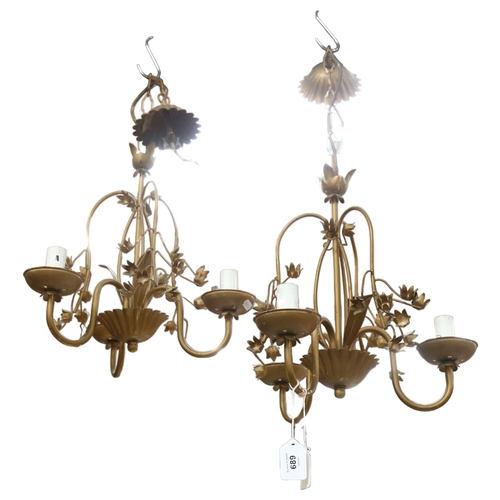 689 - A pair of gilt-metal 3-branch chandeliers, with floral decoration, 34cm across