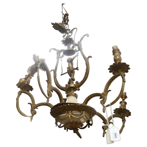 690 - A cast gilt-metal 5-branch chandelier with cherub support, 53cm across