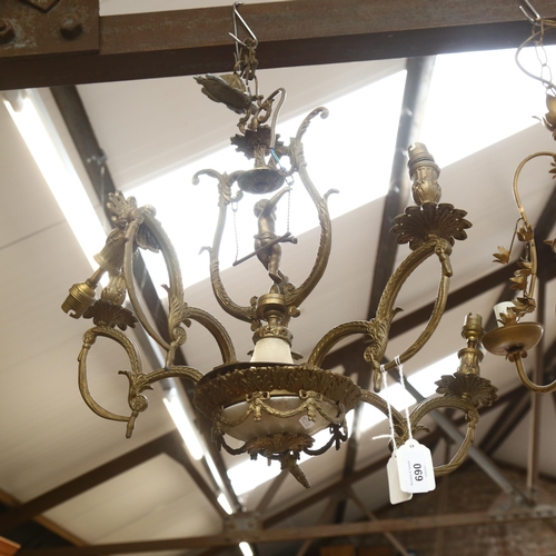 690 - A cast gilt-metal 5-branch chandelier with cherub support, 53cm across