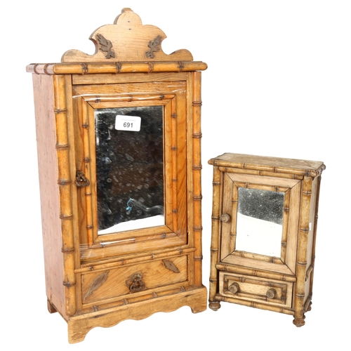 691 - 2 decorative pine cabinets, with bamboo effect decoration and mirror doors, tallest 48cm