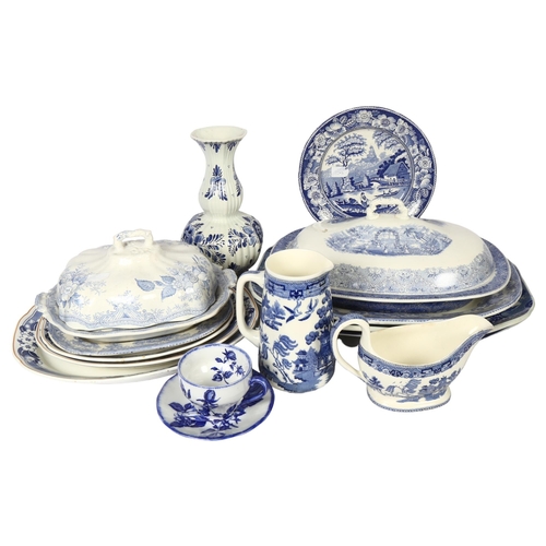 694 - Victorian and other blue and white transfer printed dinnerware, including tureen and meat plates, an... 