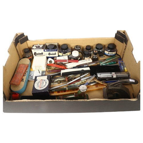 695 - A trayful of Vintage desk items, including fountain pens, stapler, addresser etc