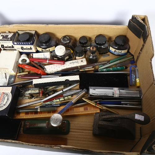 695 - A trayful of Vintage desk items, including fountain pens, stapler, addresser etc